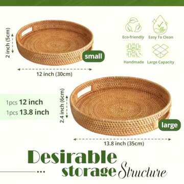 Artisan-Crafted 12'' Flat Round Rattan Tray, 1 PCS of Ottoman Tray - Elegant Coffee Table Tray, Woven Tray with Handles - Round Tray for Coffee Table - Round Wicker Tray with Natural Wicker Beauty