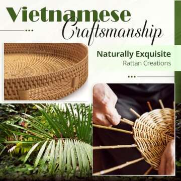 Artisan-Crafted 12'' Flat Round Rattan Tray, 1 PCS of Ottoman Tray - Elegant Coffee Table Tray, Woven Tray with Handles - Round Tray for Coffee Table - Round Wicker Tray with Natural Wicker Beauty