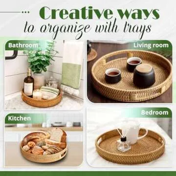 Artisan-Crafted 12'' Flat Round Rattan Tray, 1 PCS of Ottoman Tray - Elegant Coffee Table Tray, Woven Tray with Handles - Round Tray for Coffee Table - Round Wicker Tray with Natural Wicker Beauty