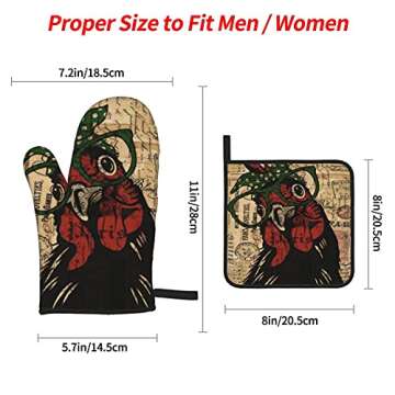 Vintage Rooster Oven Mitts and Pot Holders Set 4 Piece