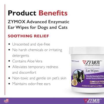 Zymox Advanced Enzymatic Ear Wipes for Dogs and Cats - for Dirty, Waxy, Smelly Ears - Premium Streng...