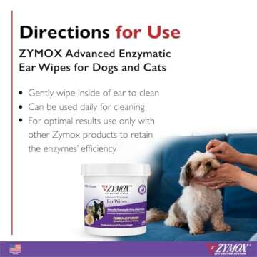 Zymox Advanced Enzymatic Ear Wipes for Dogs and Cats - for Dirty, Waxy, Smelly Ears - Premium Strength Ear Cleaner Wipes - Non-Irritating - Hypoallergenic - 100 ct