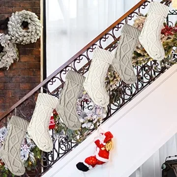 Christmas Stockings Knitted Xmas Stockings 18 Inches Double-Sided Fireplace Hanging Stockings for Family Christmas Decoration (Ivory,Khaki, 6)