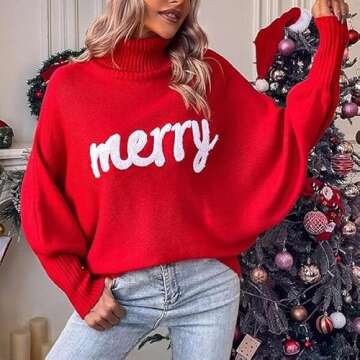 Women Merry Christmas Sweater 2024 Funny Holiday Knitted Oversized Turtleneck