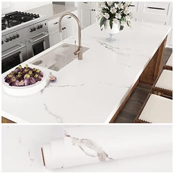 VEELIKE 15.7''x118'' Matte White Marble Contact Paper - Stick-on Countertops, Waterproof & Durable f...