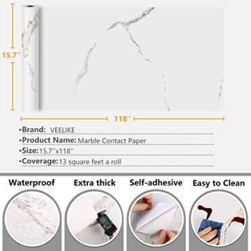 VEELIKE 15.7''x118'' Marble Contact Paper Waterproof Self Adhesive