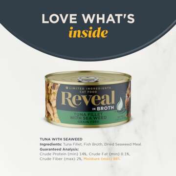 Reveal Natural Wet Cat Food, 24 Count, Grain Free, Limited Ingredient Canned Food for Cats, Tuna with Seaweed in Broth, 2.47 oz Cans