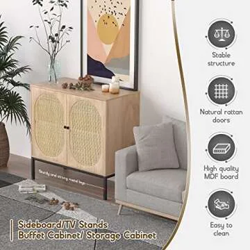 XIAO WEI Sideboard Cabinet with Natural Rattan Hand-Woven Doors, Rattan Cabinet Console Table with Storage, Cane Buffet Cabinet Rattan TV Console, for Kitchen Living Room Hallway Entryway, Natural