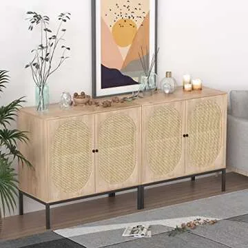 XIAO WEI Sideboard Cabinet with Natural Rattan Hand-Woven Doors, Rattan Cabinet Console Table with Storage, Cane Buffet Cabinet Rattan TV Console, for Kitchen Living Room Hallway Entryway, Natural