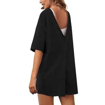 Yeokou Rompers for Women Casual Short Sleeve Oversized Athletic Workout Reversible Hot Shot Tee Romper Deep Pockets(Black-L)