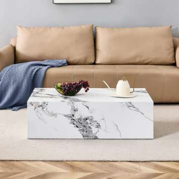 Maotifeys White Marble Coffee Table for Living Room Rectangular Faux Marble Center Table Modern Elegant Wooden Cocktail Table for Home Office -Fully Assembled