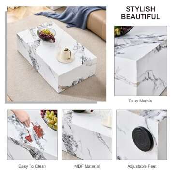 Maotifeys White Marble Coffee Table for Living Room Rectangular Faux Marble Center Table Modern Elegant Wooden Cocktail Table for Home Office -Fully Assembled