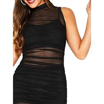 SheIn Women's Sheer Mesh Bodycon Dress Ruched Mock Neck Midi Sheer Dress Black Small