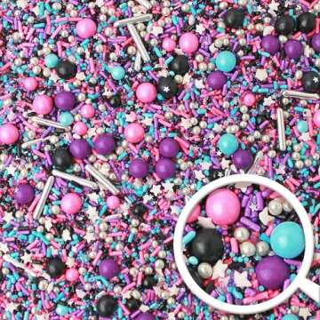 Milky Way Sprinkles Mix| Sprinkles Made In USA By Sprinkle Pop| Pink Black Blue Purple Sprinkles With Silver Dragees| Space Galaxy Stars Sprinkles For Decorating Cakes Cookie Cupcakes Ice Cream, 2oz