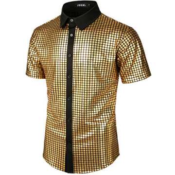 JOGAL Men's 70s Costume Rainbow Sequins Disco Party Dress Short Sleeve Button Down Shirts Large A353 Gold