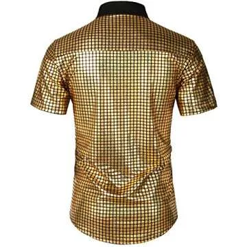 JOGAL Men's 70s Costume Rainbow Sequins Disco Party Dress Short Sleeve Button Down Shirts Large A353 Gold