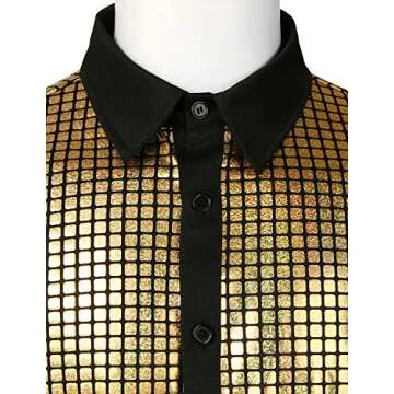 JOGAL Men's 70s Costume Rainbow Sequins Disco Party Dress Short Sleeve Button Down Shirts Large A353 Gold