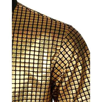 JOGAL Men's 70s Costume Rainbow Sequins Disco Party Dress Short Sleeve Button Down Shirts Large A353 Gold