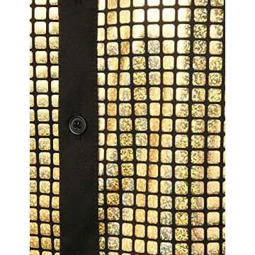 JOGAL Men's 70s Costume Rainbow Sequins Disco Party Dress Short Sleeve Button Down Shirts Large A353 Gold