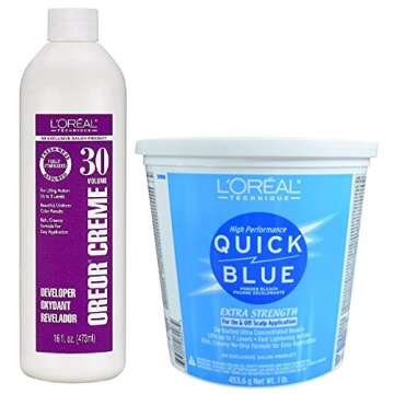 L'Oreal Technique Quick Blue Powder Bleach Extra Strength 1lb w/30 Volume Oreor Developer 16oz Bundle