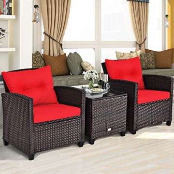 Tangkula 3 Pieces Patio Furniture Set, PE Rattan Wicker 3 Pcs Outdoor Sofa Set w/Washable Cushion and Tempered Glass Tabletop, Conversation Furniture for Garden Poolside Balcony (Red)