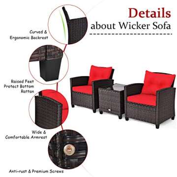Tangkula 3 Pieces Patio Furniture Set, PE Rattan Wicker 3 Pcs Outdoor Sofa Set w/Washable Cushion and Tempered Glass Tabletop, Conversation Furniture for Garden Poolside Balcony (Red)