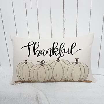 GTEXT Fall Throw Pillow Cover Autumn Decor Thankful with White Pumpkins Pillow Cover 20x12 inch Outd...