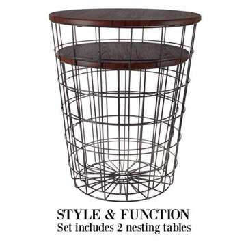 End Tables Set of 2 - Nesting Tables with Removable Wood Tops and Metal Basket Bases for Blanket Storage - Round Side Furniture for Living Room, Bedroom, or Home Office by Lavish Home (Cherry/Black)