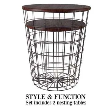 End Tables Set of 2 - Nesting Tables with Removable Wood Tops and Metal Basket Bases for Blanket Storage - Round Side Furniture for Living Room, Bedroom, or Home Office by Lavish Home (Cherry/Black)