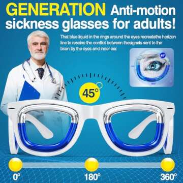 Hion Adult Anti- Motion Sickness Smart Glasses, Ultra-Light Portable Nausea Relief Liquid Glasses, Carsickness Airsickness Seasickness Glasses, Travel/Cruise Essentials