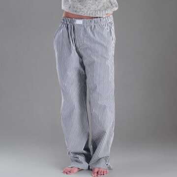 Mxiqqpltky Pajama Pants Women Y2k Striped Elastic High Waist Straight Wide Leg Lounge Pj Pants Soft Pajama Bottoms Sleepwear (Blue, S)