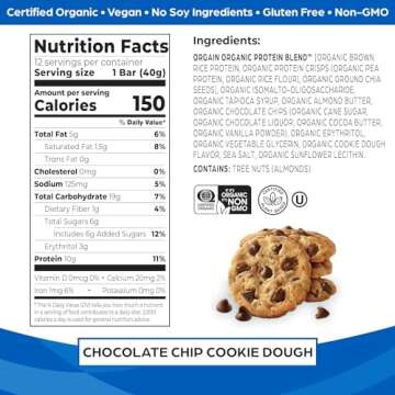 Orgain Organic Vegan Protein Bars, Chocolate Chip Cookie Dough - 10g Plant Based Protein, Low Calori...