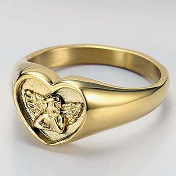 Jude Jewelers Stainless Steel Heart Shaped Signet Style Angel Pattern Statement Promise Wedding Ring