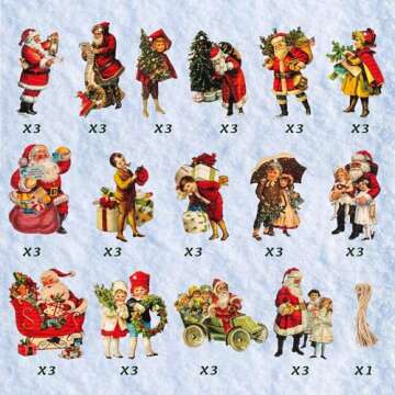 L1rabe Christmas Wooden Hanging Ornaments - 46Pcs Vintage Xmas Victorian Style Banner Santa Claus Ch...