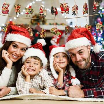 L1rabe Christmas Wooden Hanging Ornaments - 46Pcs Vintage Xmas Victorian Style Banner Santa Claus Child Hanging Decorations, Christmas Party Theme Decoration Anniversary or Christmas for Party Decor