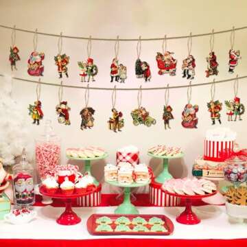 L1rabe Christmas Wooden Hanging Ornaments - 46Pcs Vintage Xmas Victorian Style Banner Santa Claus Child Hanging Decorations, Christmas Party Theme Decoration Anniversary or Christmas for Party Decor