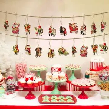 L1rabe Christmas Wooden Hanging Ornaments - 46Pcs Vintage Xmas Victorian Style Banner Santa Claus Child Hanging Decorations, Christmas Party Theme Decoration Anniversary or Christmas for Party Decor