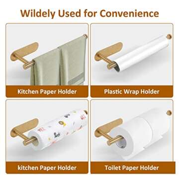 Paper Towel Holder - Under Cabinet Paper Towel Holder, Wall Mounted, Self-Adhesive or Screw, Adjustable Rack, 304 Stainless Steel, Fits Standard-Sized Paper Towel Rolls (Brushed Gold 1 Pack)