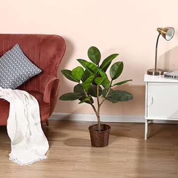 Kazeila Artificial Rubber Tree, 3FT Fake Plastic Ficus Plant, Pre Potted Faux Greenry Plant for Home Decor Office House Living Room Indoor