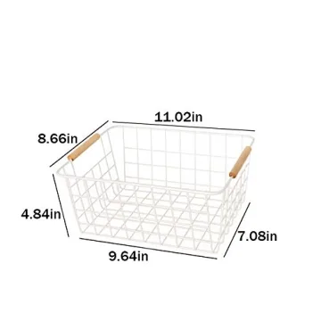 LeleCAT White Wire Baskets with Handles Wire Storage Organizer Baskets For Kitchen, Household Refrigerator for Cabinets, Pantry, Closets, Bedrooms - Set of 4(White)