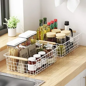 LeleCAT White Wire Baskets with Handles Wire Storage Organizer Baskets For Kitchen, Household Refrigerator for Cabinets, Pantry, Closets, Bedrooms - Set of 4(White)