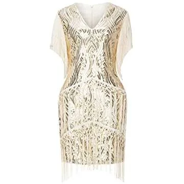 BABEYOND 1920s Flapper Dress Long Fringed Gatsby Dress Roaring 20s Sequins Beaded Dress Vintage Art Deco Dress Beige