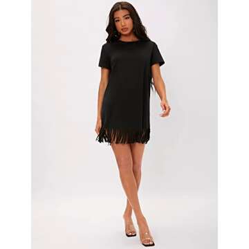 Milumia Women Casual Fringe Hem T Shirt Dress Short Sleeve Round Neck Tee Dress Black Large