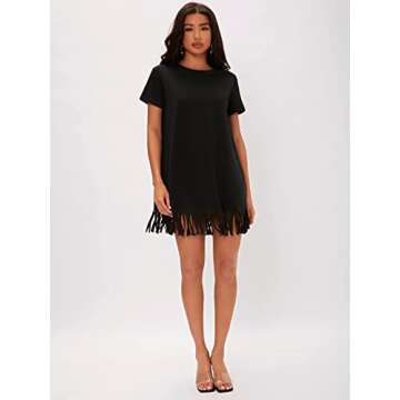Milumia Women Casual Fringe Hem T Shirt Dress Short Sleeve Round Neck Tee Dress Black Large