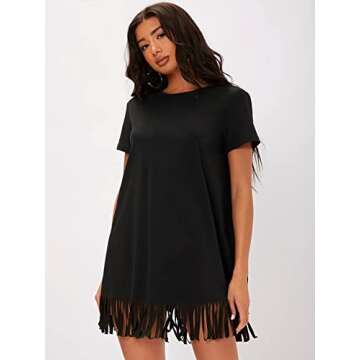 Milumia Women Casual Fringe Hem T Shirt Dress Short Sleeve Round Neck Tee Dress Black Large