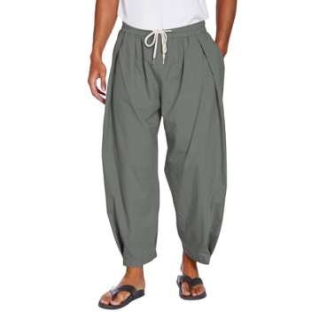 COOFANDY Men's Cotton Linen Harem Pants - Drawstring Casual Cropped Trousers