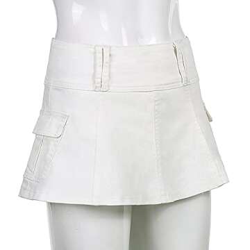 MISSACTIVER Women’s Low Waist Jeans Skirt Zipper Back 90S Streetwear Patchwork A-line Mini Skirt with Pockets White