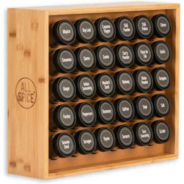 AllSpice Bamboo Spice Rack with 30 Glass Jars for Kitchen Organization