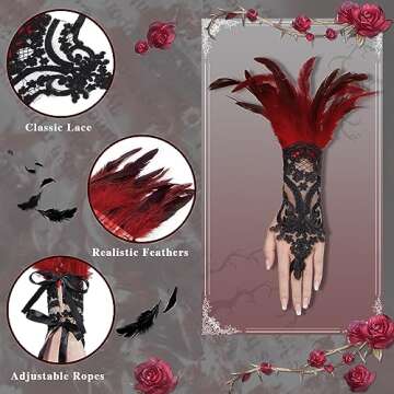 Komorebi Women's Feather Long Lcae Gloves Halloween Feathers Lace Gloves Witch Costume Mesh Elbow Gloves Black One Size
