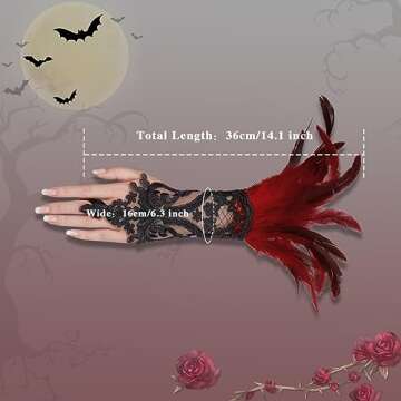 Komorebi Women's Feather Long Lcae Gloves Halloween Feathers Lace Gloves Witch Costume Mesh Elbow Gloves Black One Size